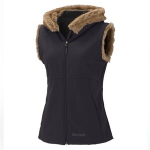 Marmot Furlong Soft shell Faux Fur Trimmed Hooded Vest Black Fleece Lined